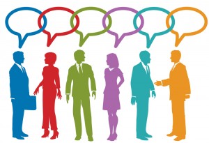 Group of social media or business people talk speech bubble link